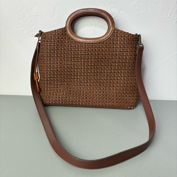 Fossil Vintage Woven Basket Handbag Satchel Shoulder Strap Brown Leather - Picture 1 of 13